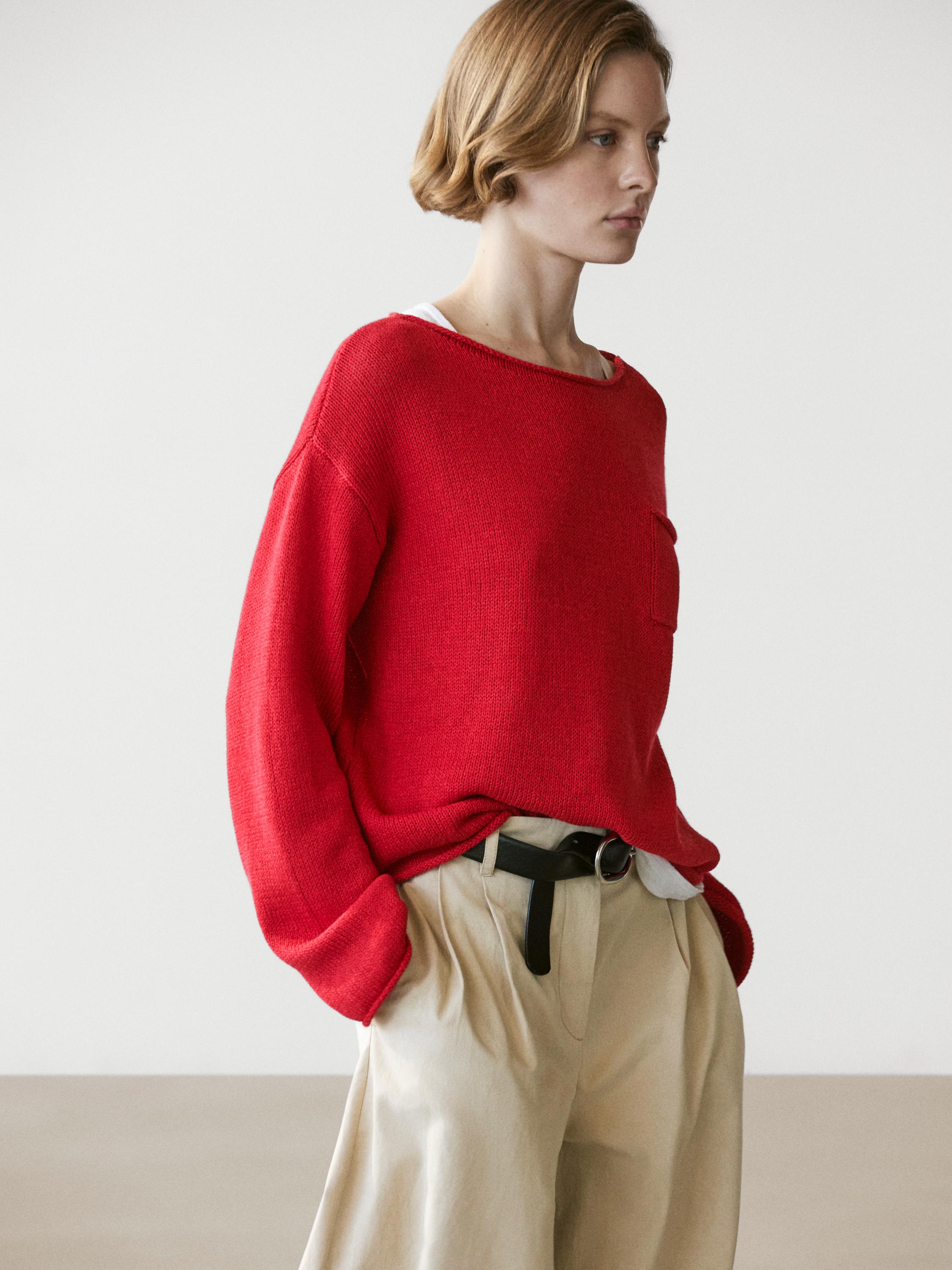 Cotton and linen knit sweater with pocket detail